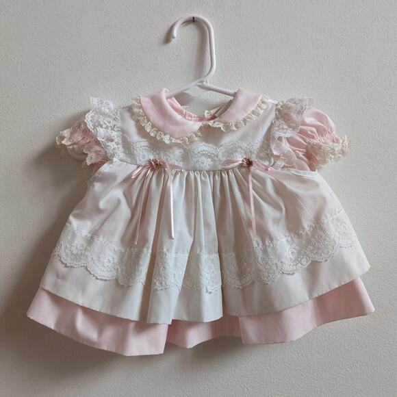Vtg Bryan Pinafore Dress Baby Girls Sz 0-3m Pink Frilly Lace 80s Spring Easter - Picture 1 of 6